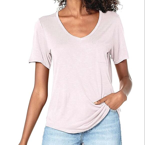 Tresics Women's Pink Short Sleeve V-Neck Pullover T-shirt - Picture 1 of 11